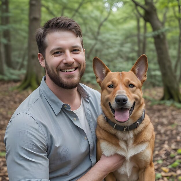 Foto retrato de un hombre sonriente con su perro en el parque natural