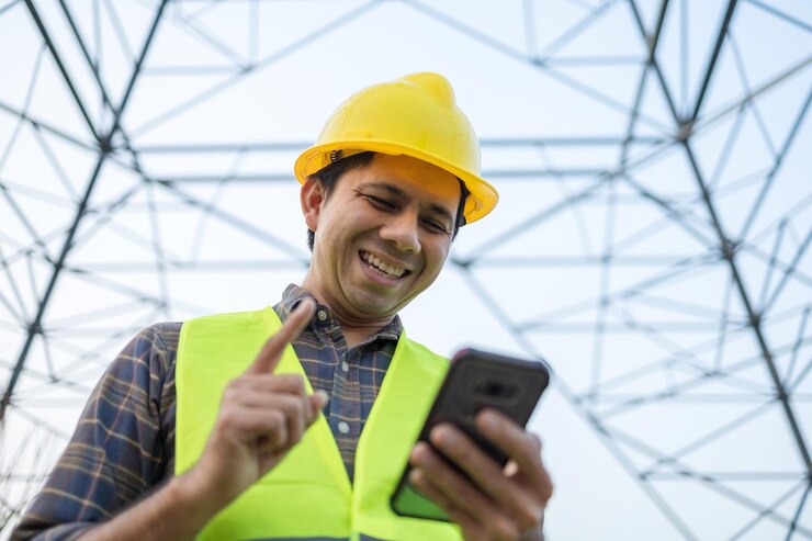 Foto retrato de un hombre sonriente con un teléfono móvil