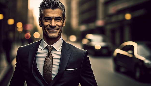 Retrato de un hombre sonriente en un traje de negocios en la calle de la ciudad IA generativa