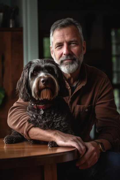 Foto retrato de un hombre y su perro en casa