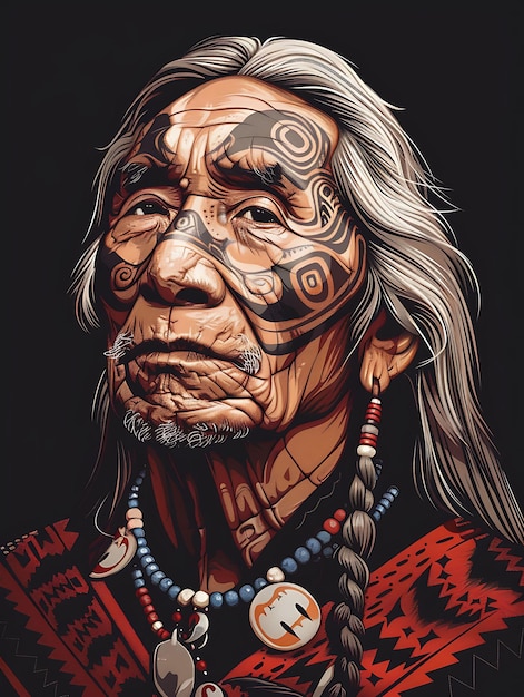 Retrato de un hombre Tlingit con una túnica tradicional y una camiseta de cuentas Diseño de arte de tatuaje Marcos de tinta