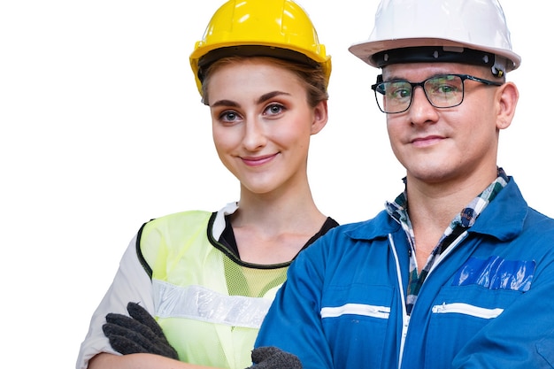 Retrato de hombre trabajador manual está de pie con confianza con vestido de suite de trabajo azul