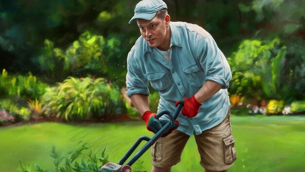 Foto retrato de un hombre trabajando con un cortador de malezas