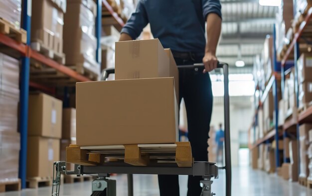 Retrato de un hombre trabajando en una Wearhouse con una caja sobre un carrito de mano con un gran espacio de copia IA generativa