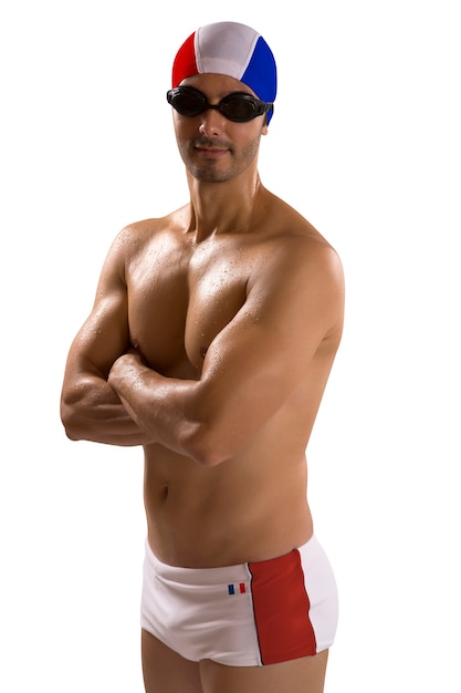 Retrato de hombre en traje de baño; nadador profesional sobre espacios en blanco con uniforme francés.