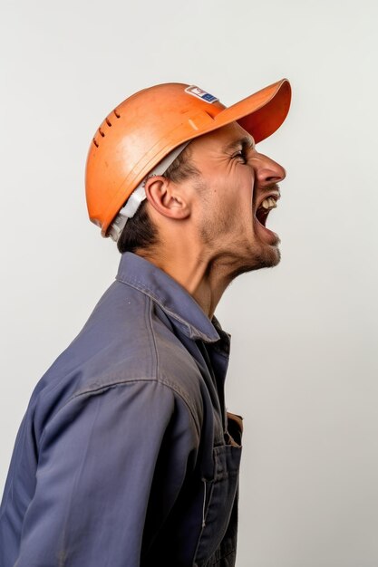 Retrato de un hombre con traje de fábrica y sombrero de seguridad gritando contra un fondo blanco