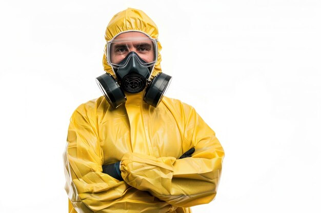 Retrato de un hombre con un traje de protección química sobre un fondo blanco