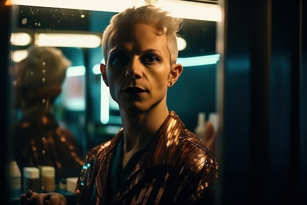 Retrato de hombre transgénero drag queen con maquillaje el espejo IA generativa