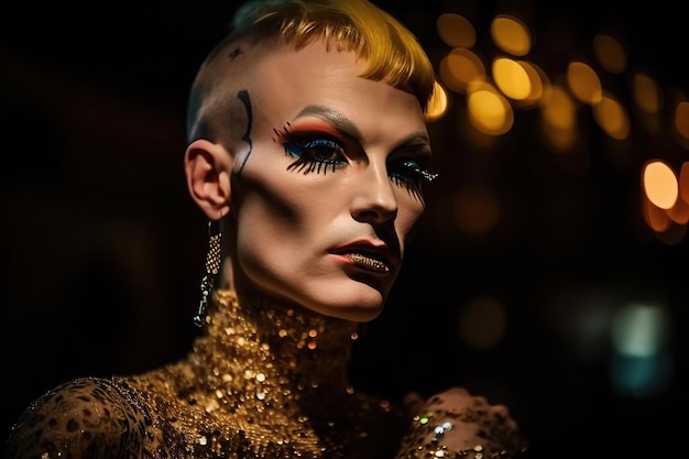 Retrato de hombre transgénero drag queen con maquillaje y peinado IA generativa