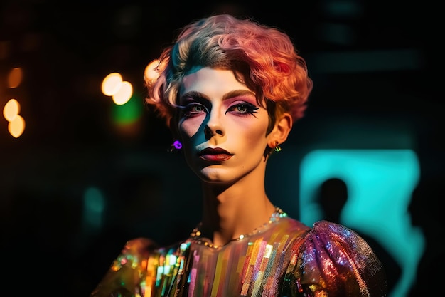 Retrato de hombre transgénero drag queen con maquillaje en vestido de mujer AI generativa