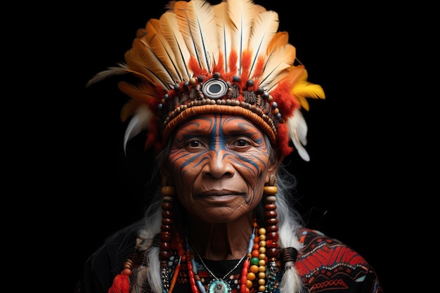 Foto retrato de un hombre de la tribu korowai de papúa nueva guinea con adornos de trajes tradicionales