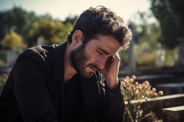 Foto retrato de un hombre triste y deprimido con un abrigo negro en el fondo de un cementerio concepto funerario