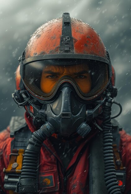 Retrato de un hombre con uniforme militar y casco en la lluvia