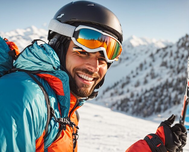 Retrato de un hombre vestido de esquí sobre un fondo de nieve de montañas