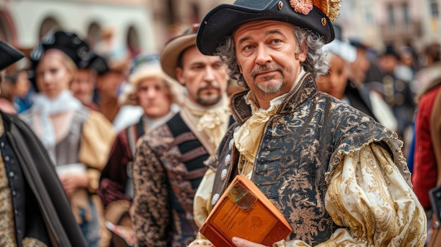 Retrato de un hombre vestido con un traje renacentista tradicional sosteniendo un libro en un festival histórico