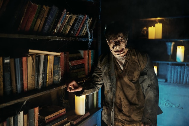 Retrato de hombre zombie mirando a la cámara. Biblioteca abandonada con interior de estantería