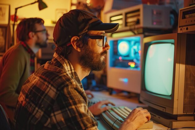 Retrato de hombres caucásicos fundadores de startups tecnológicas usando viejas computadoras de escritorio en un garaje retro en la noche Desarrollador de software y diseñador de interfaz de usuario comenzando un nuevo negocio de comercio electrónico en los años noventa