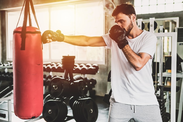 Retrato de hombres deportivos con los guantes de boxeo traseros entrenando en el gimnasio.