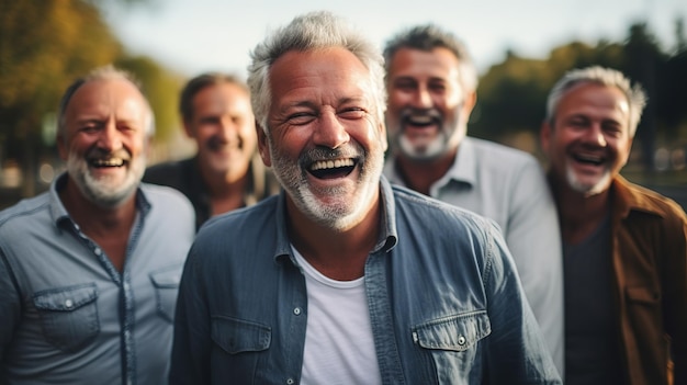 Retrato de hombres maduros felices con grupo de personas borrosas al aire libre