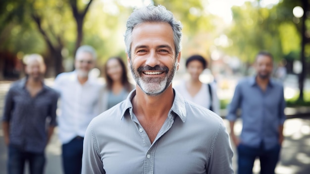 Retrato de hombres maduros felices con grupo de personas borrosas al aire libre