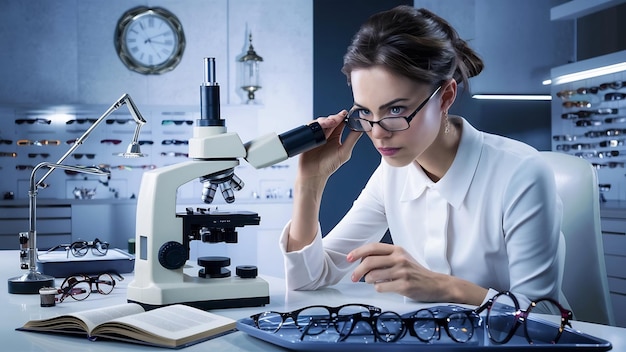 Retrato horizontal de una mujer europea enfocada probando la vista mientras mira a través de un microscopio si
