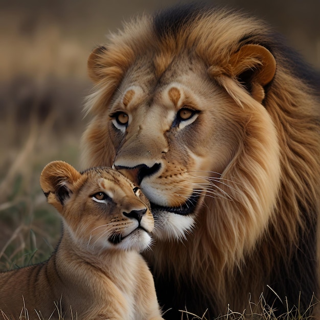 Retrato horizontal de padre y león bebé con el león macho tendido en amarillo AI generativa