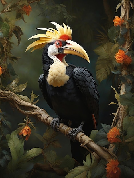 Retrato de Hornbill encaramado entre las ramas