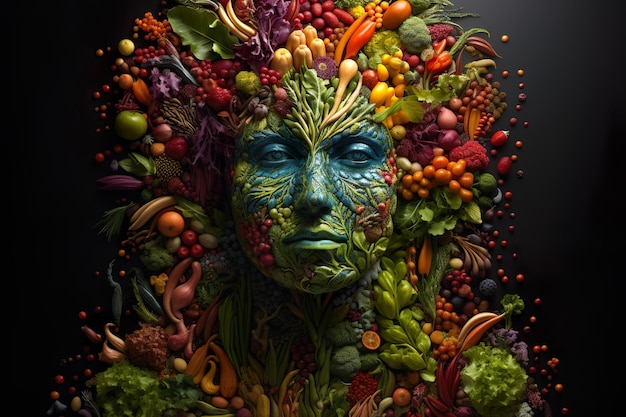 Foto retrato humano feito de frutas e legumes alimentos orgânicos saudáveis com nutrientes e vitaminas necessárias