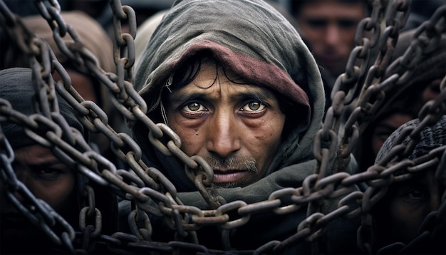 Retrato de un humano negro encadenado Represervación de la historia de los esclavos Esclavo con cadena Concepto de esclavitud