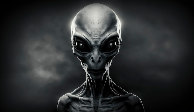 Retrato humanóide alienígena em fundo escuro Invasão de abdução alienígena extraterrestre Criado com IA generativa