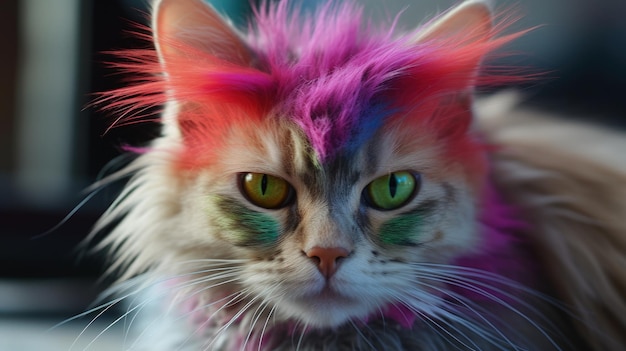 Retrato humorístico de un gato colorido con un Mohawk punk