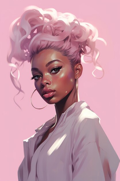 Retrato ilustrado de uma jovem negra com um intrincado penteado rosa contra um fundo rosa suave