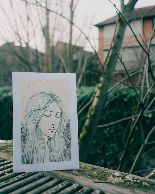 Retrato ilustrado de uma mulher serena exibido ao ar livre entre árvores nuas em um bairro tranquilo