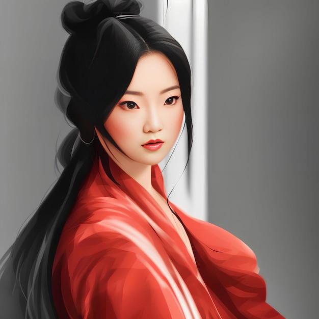 Retrato ilustrativo de una mujer asiática con vestido tradicional arte generativo de AI