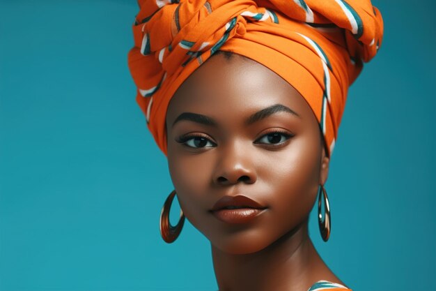 retrato de una impresionante mujer afroamericana de piel oscura con maquillaje creativo y con un turbante en un ai generativo de fondo amarillo