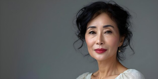 Retrato de una impresionante mujer asiática de mediana edad que muestra belleza natural y gracia Concepto de belleza asiática Retrato mediana edad Gracia natural Mujer impresionante