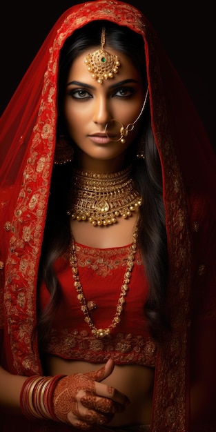 Retrato de una impresionante novia india adornada con trajes nupciales tradicionales y complejas joyas de oro