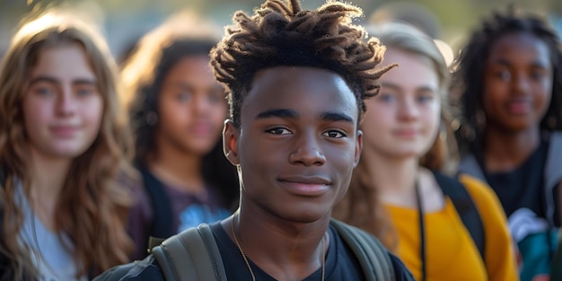 Retrato inclusivo de una joven maestra negra y un grupo diverso de estudiantes de secundaria Concepto Educación Diversidad Inclusión Maestra juvenil