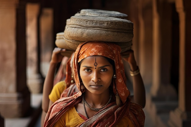 Retrato India mujeres llevando en la cabeza Tas Mahal backgraund Generative AI