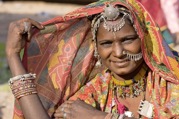 retrato, de, un, india, rajasthani, mujer, primer plano