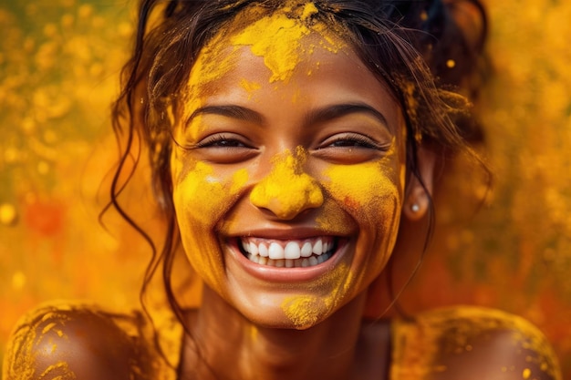 Retrato de un indio feliz con pasta de cúrcuma en la cara