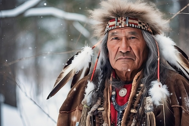 Foto retrato de un indio nativo americano con tocado tribal.