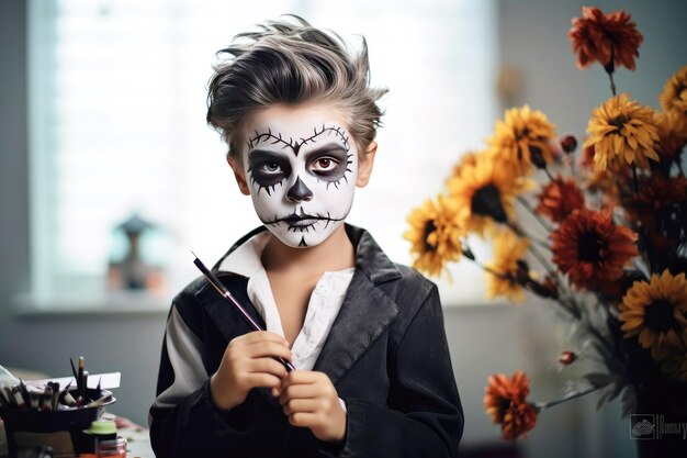 Retrato infantil de un niño en casa con maquillaje para Halloween