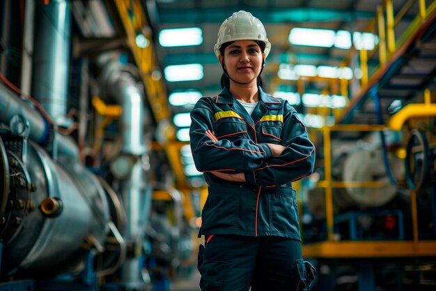 Retrato de una ingeniera con un casco industrial