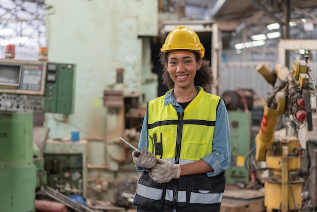 Retrato de una ingeniera con chaleco de seguridad con casco amarillo sonriendo para trabajar en la fábrica