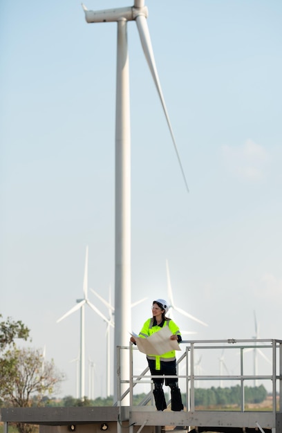 Retrato de una ingeniera en el sitio de la turbina eólica de energía natural con la misión