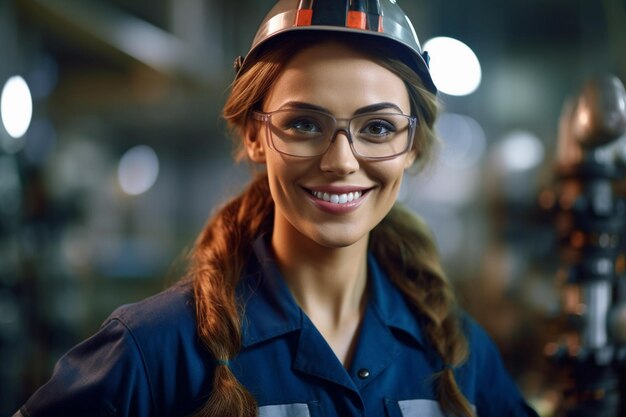 Retrato de una ingeniera sonriente en una refinería de petróleo
