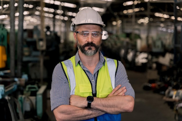 Retrato de Ingeniería con casco y uniforme de seguridad de pie en la fábrica. Industrial y obrero.