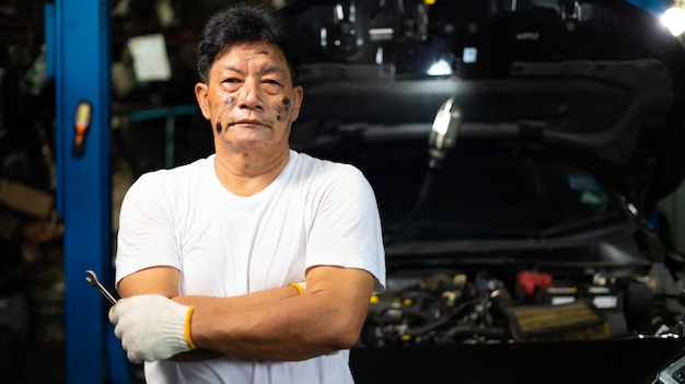 Retrato de ingeniería mecánica masculina asiática senior que trabaja en el vehículo en un servicio de automóvil Especialista en reparación Mantenimiento técnico Propietario de una pequeña empresa
