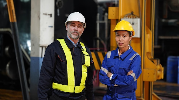 Retrato de ingeniero y aprendiz en taller de ingeniería ferroviaria